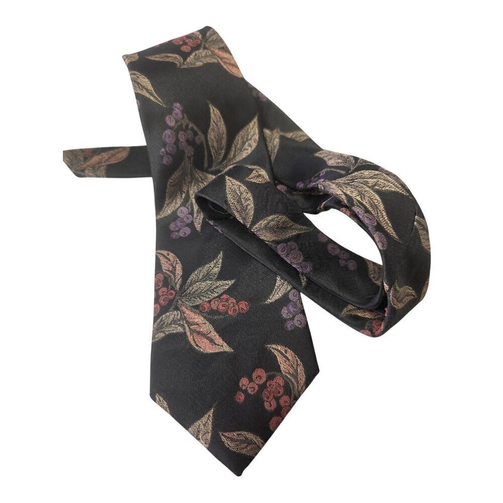 Don Loper Beverly Hills 80s Jacquard Tie Botanical Gold Leaf Pattern Black 4"W